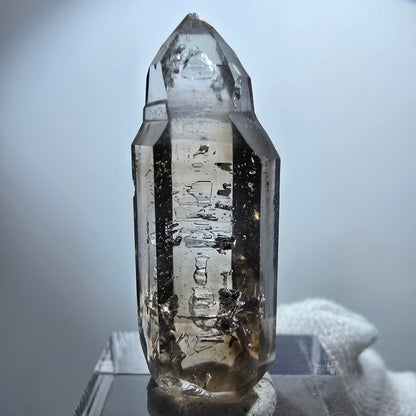 Pointe de sceptre en quartz fumé fantôme transparent, Goboboseb, Namibie, 39 x 12 x 10 mm 