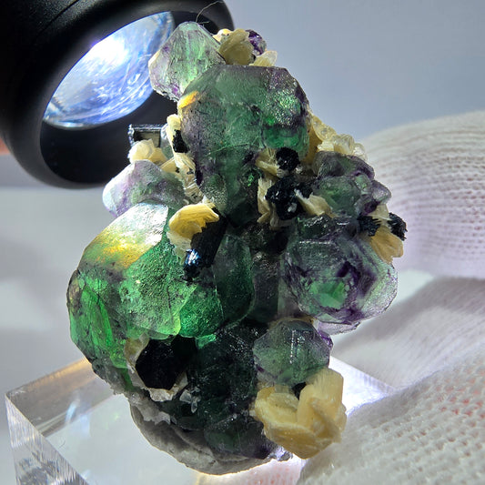 Cube de fluorite fantôme hexagonal, muscovite, tourmaline Schörl Erongo, Namibie 41*28*21mm 