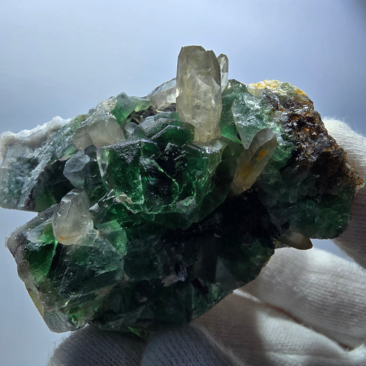 Cube de fluorite fantôme, quartz fumé, tourmaline Schorl, hyalite Erongo, Namibie 66 x 49 x 37 mm