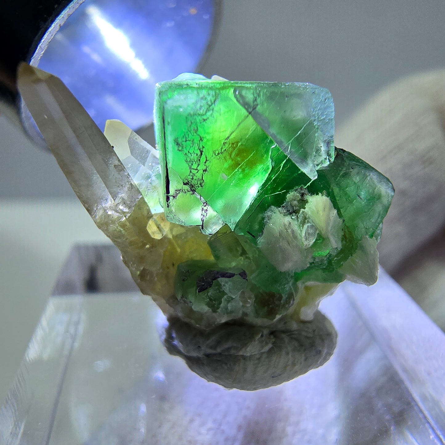 Cube de fluorite fantôme zonal, quartz fumé, spécimen de muscovite, Erongo, Namibie, 19 x 15 x 12 mm 