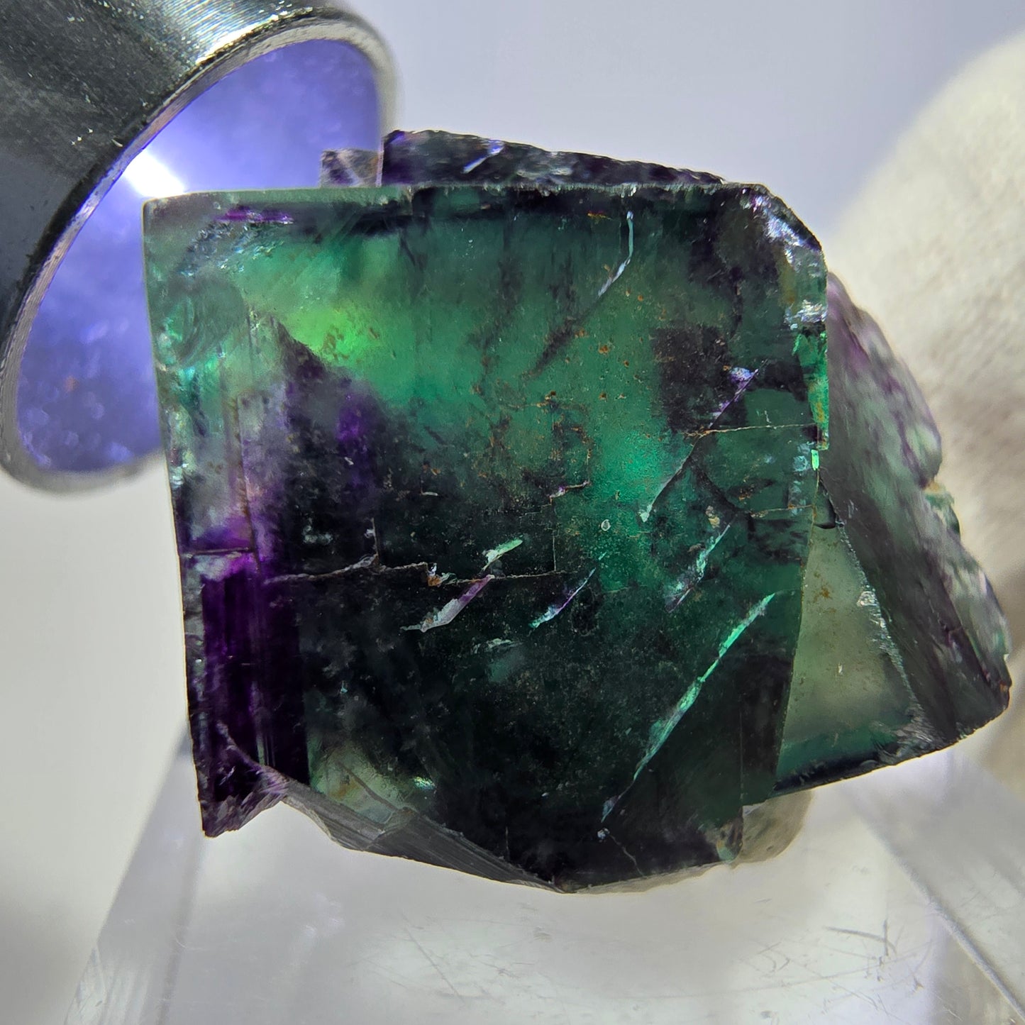 Rare spécimen de cube de fluorite fantôme, vert-violet zonal, Okorusu, Namibie, 26 x 21 x 18 mm 