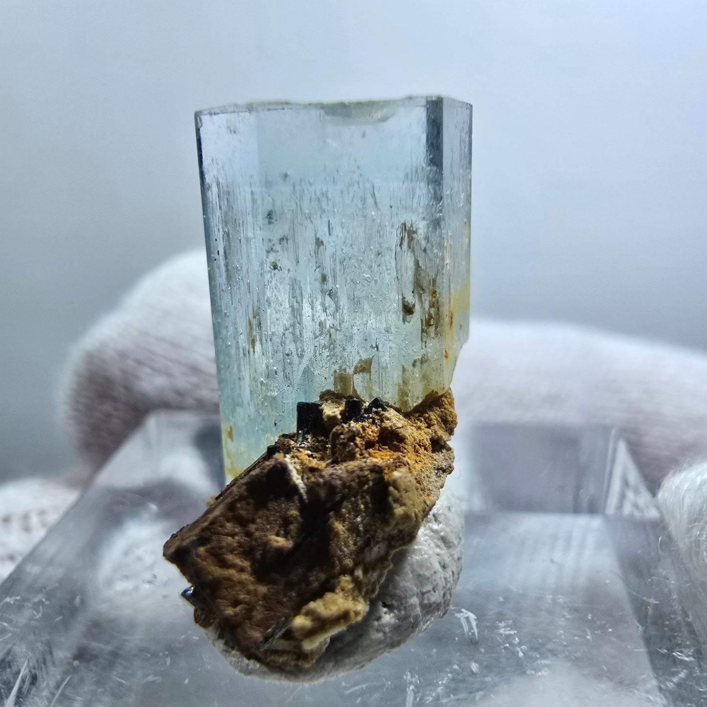 Cube d'aigue-marine, tourmaline Schörl, fluorite de fer, Erongo, Namibie, 19 x 10 x 13 mm 