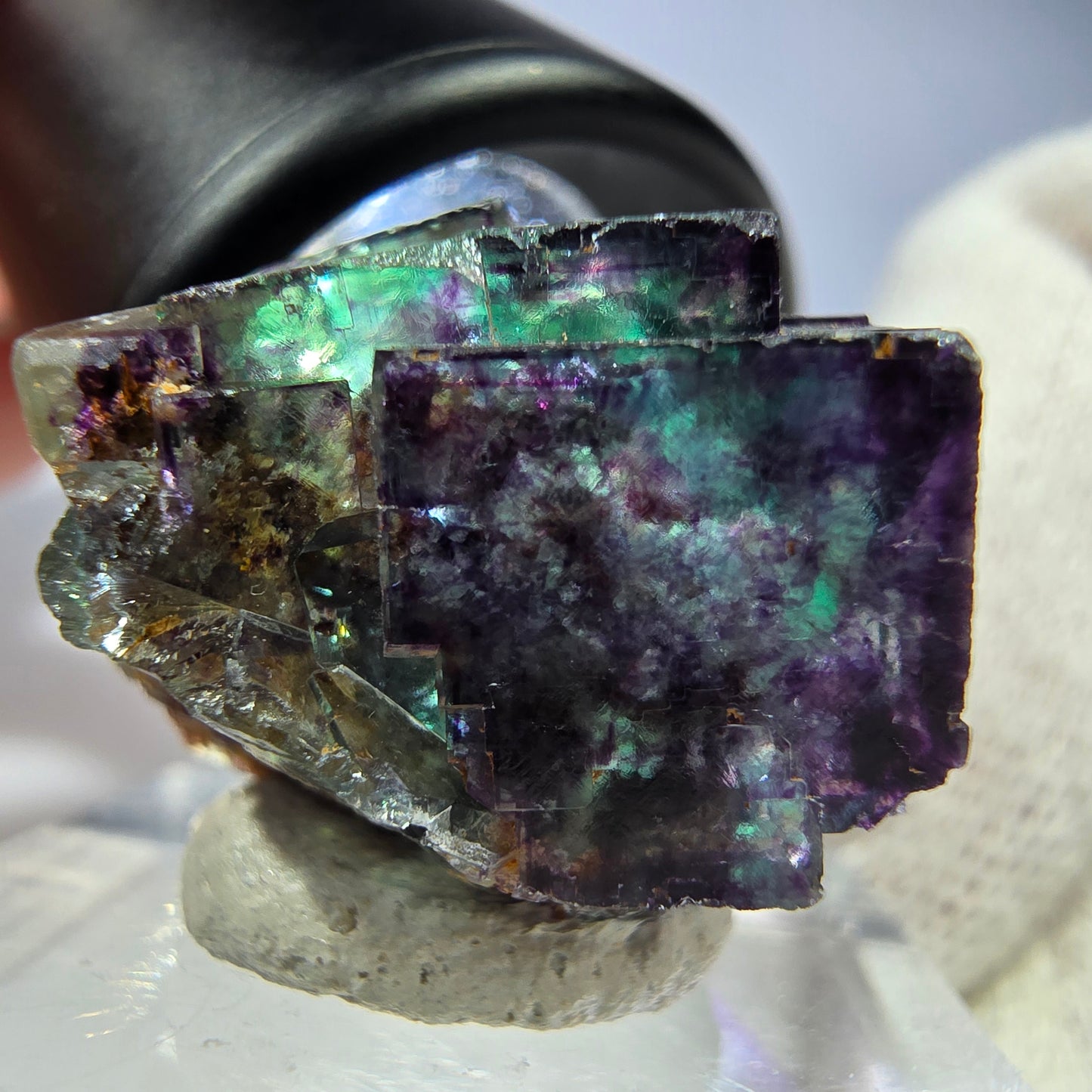 Spécimen rare de cube de fluorite fantôme, vert zonal et violet, Okorusu, Namibie, 28 x 24 x 21 mm 