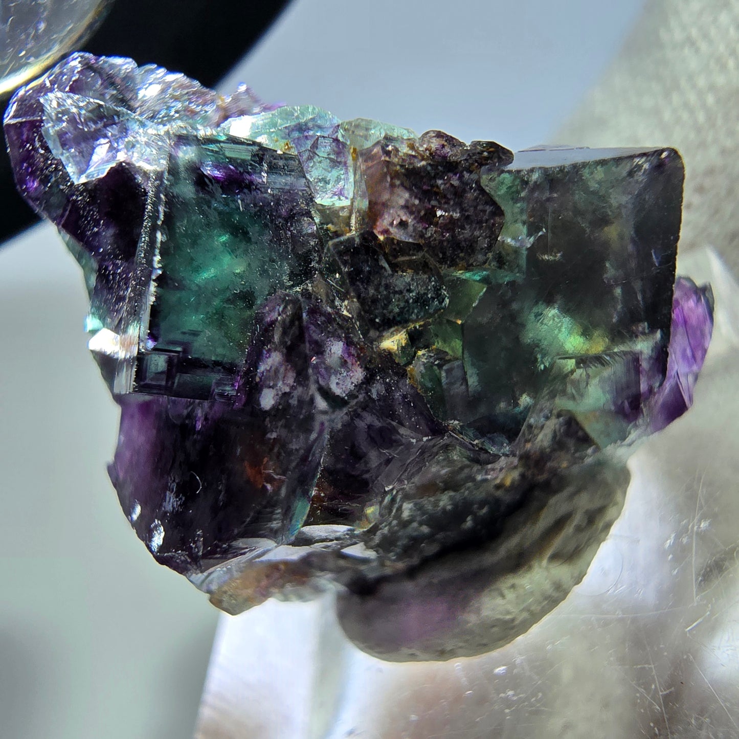 Seltene Phantom Fluorit Würfel Stufe zonal grün lila Okorusu, Namibia 29*21*15mm