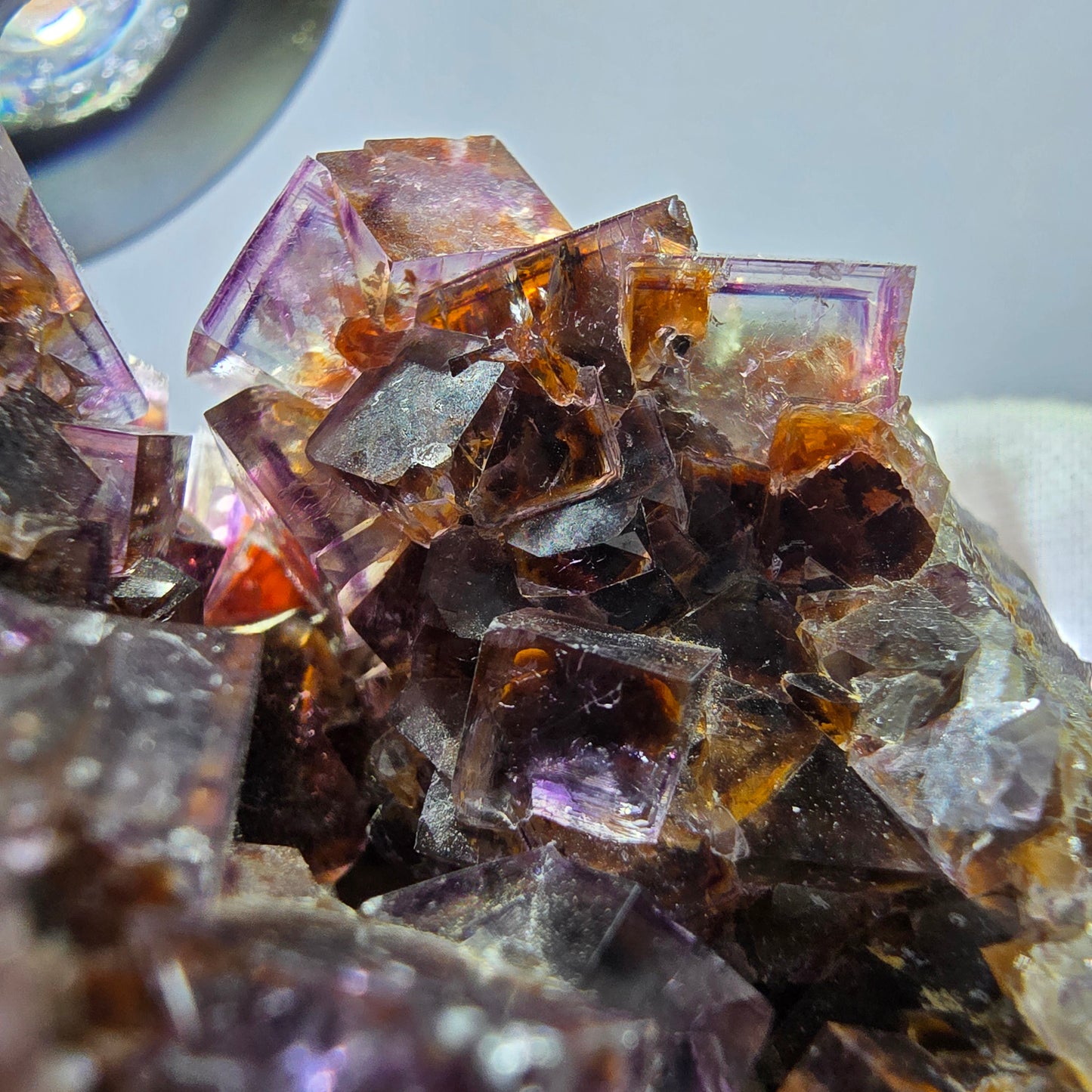 Rare spécimen de cube de fluorite fantôme, violet jaune Okorusu Namibie 63*59*34mm 