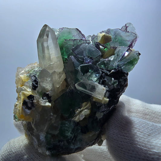 Cube de fluorite fantôme, quartz fumé, tourmaline Schorl, hyalite Erongo, Namibie 62 x 42 x 35 mm