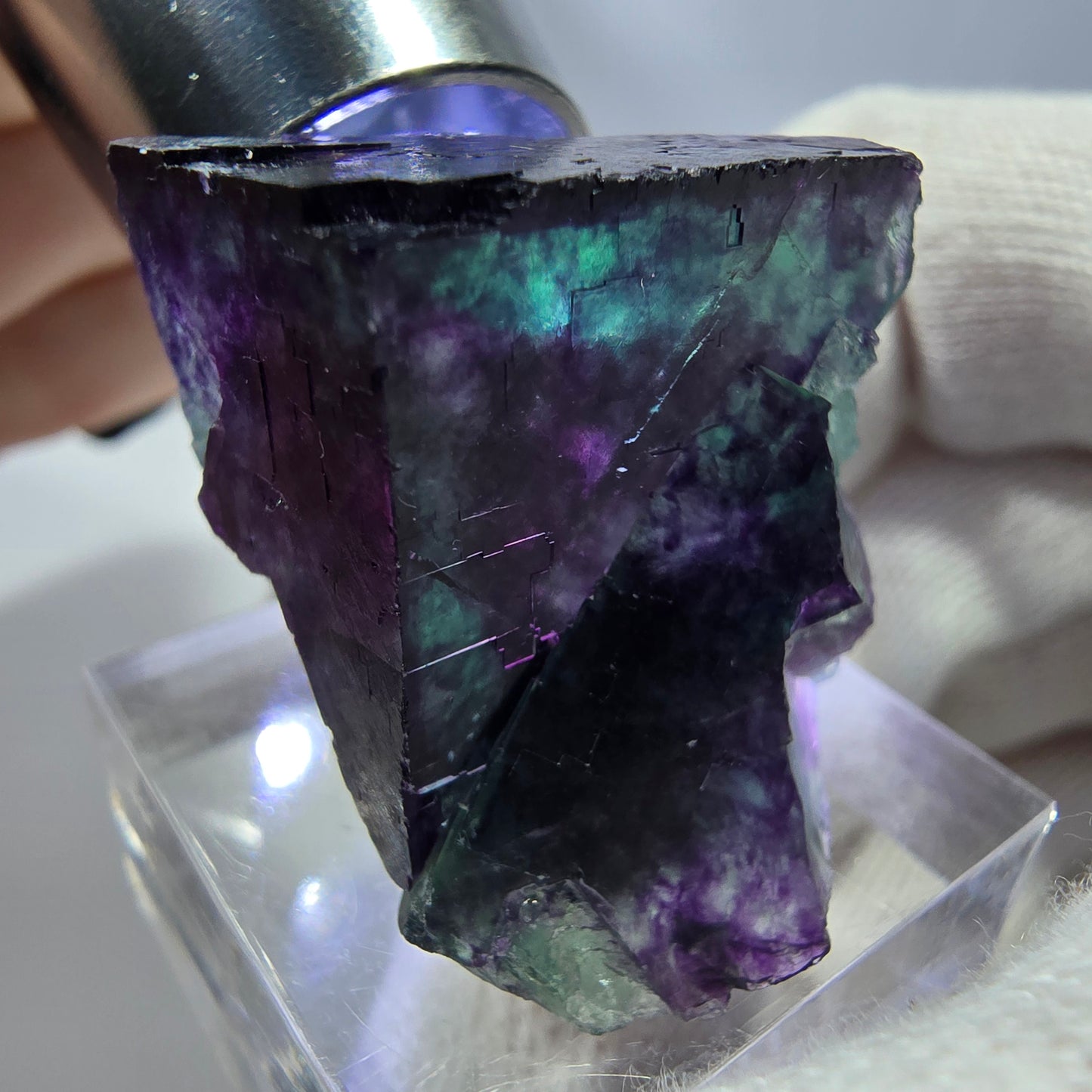 Spécimen zonal de cube de fluorite fantôme, vert violet, Okorusu, Namibie, 35 x 23 x 27 mm 