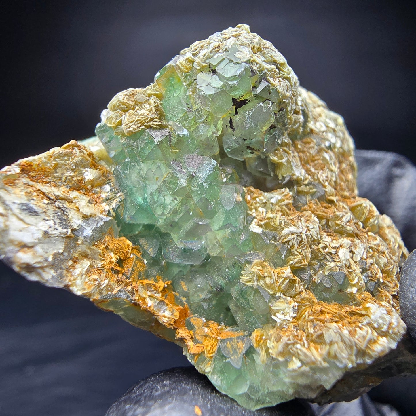Vert fluorite étagé, étape muscovite Erongo Namibie 40*37*39mm collection