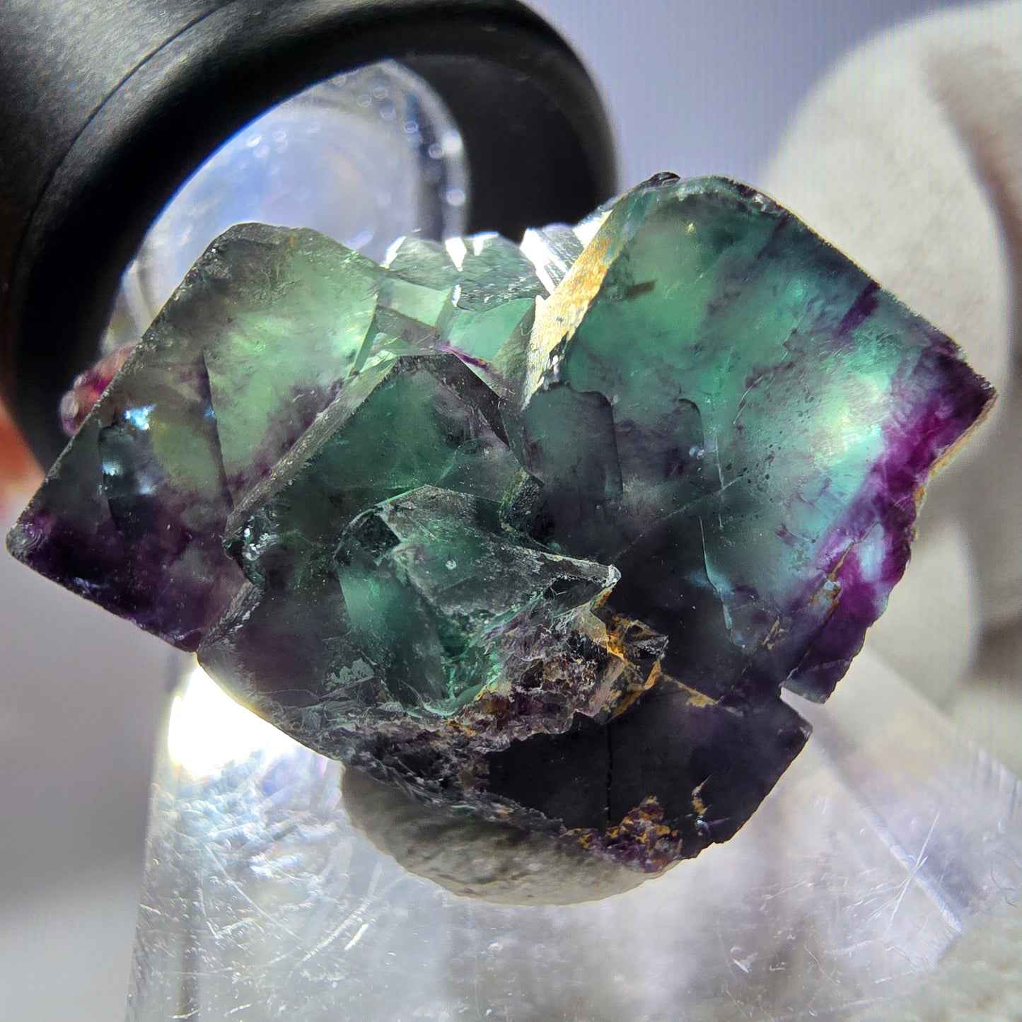 Spécimen rare de cube de fluorite fantôme, vert zonal et violet, Okorusu, Namibie, 29 x 22 x 20 mm 