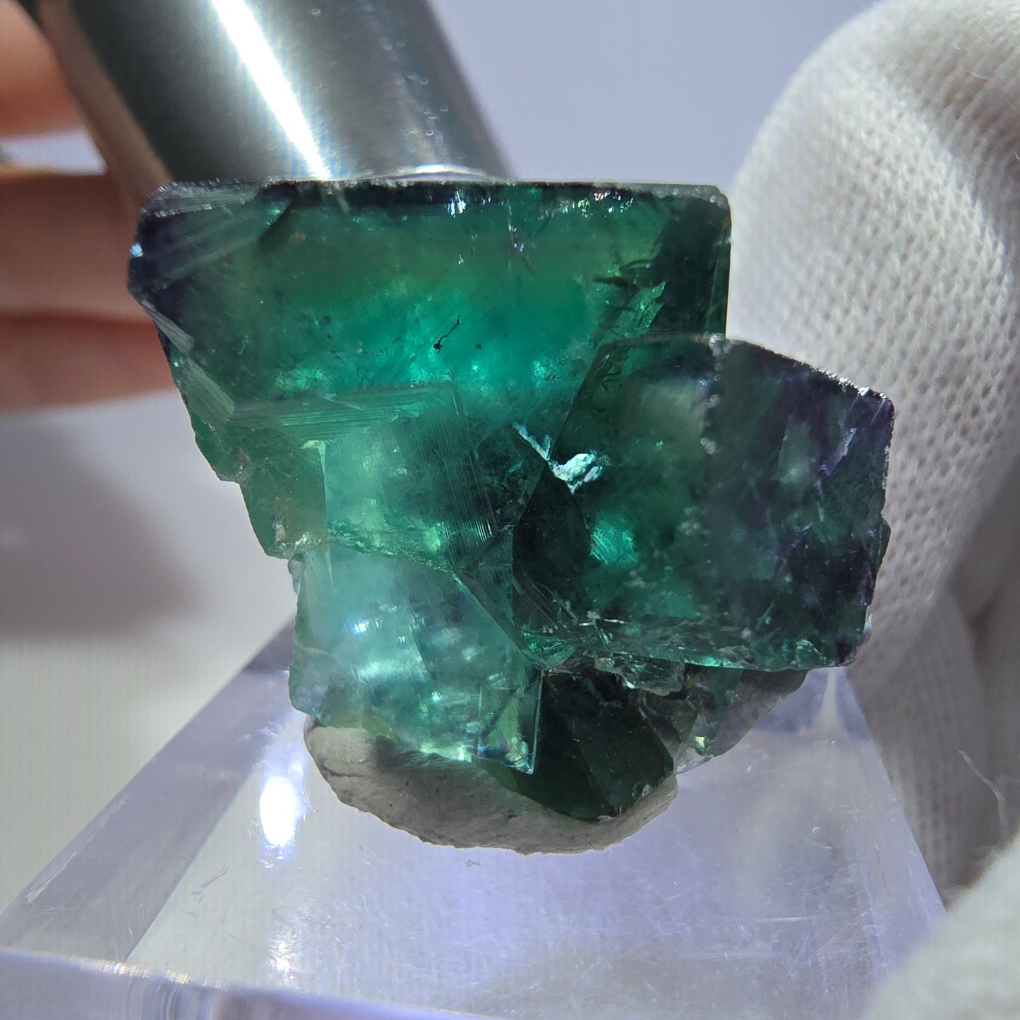 Spécimen rare de cube de fluorite fantôme, vert-violet zonal, Okorusu, Namibie, 32 x 20 x 22 mm 