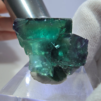 Spécimen rare de cube de fluorite fantôme, vert-violet zonal, Okorusu, Namibie, 32 x 20 x 22 mm 