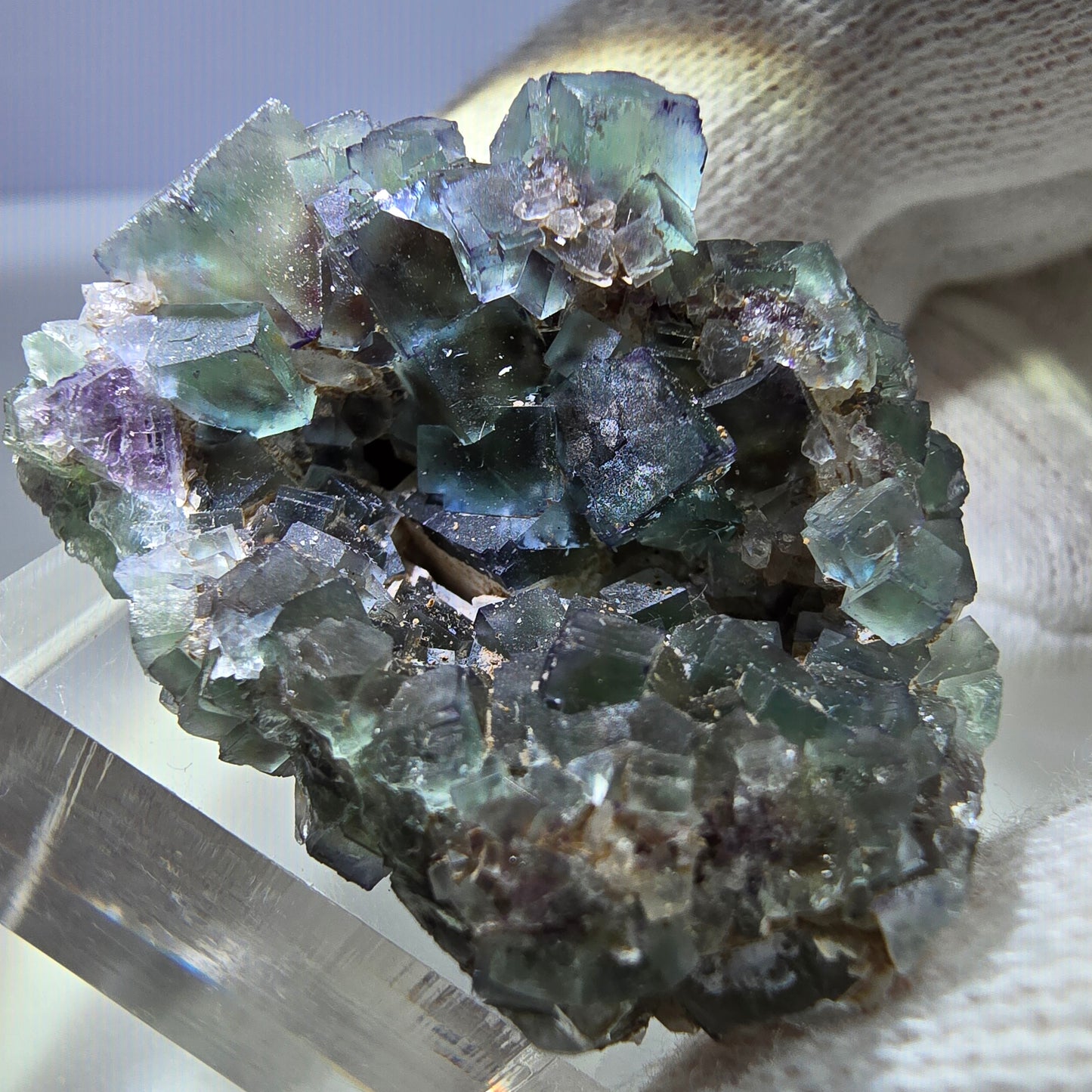 Seltene Phantom Fluorit Würfel Stufe zonal grün lila Okorusu, Namibia 35*35*23mm