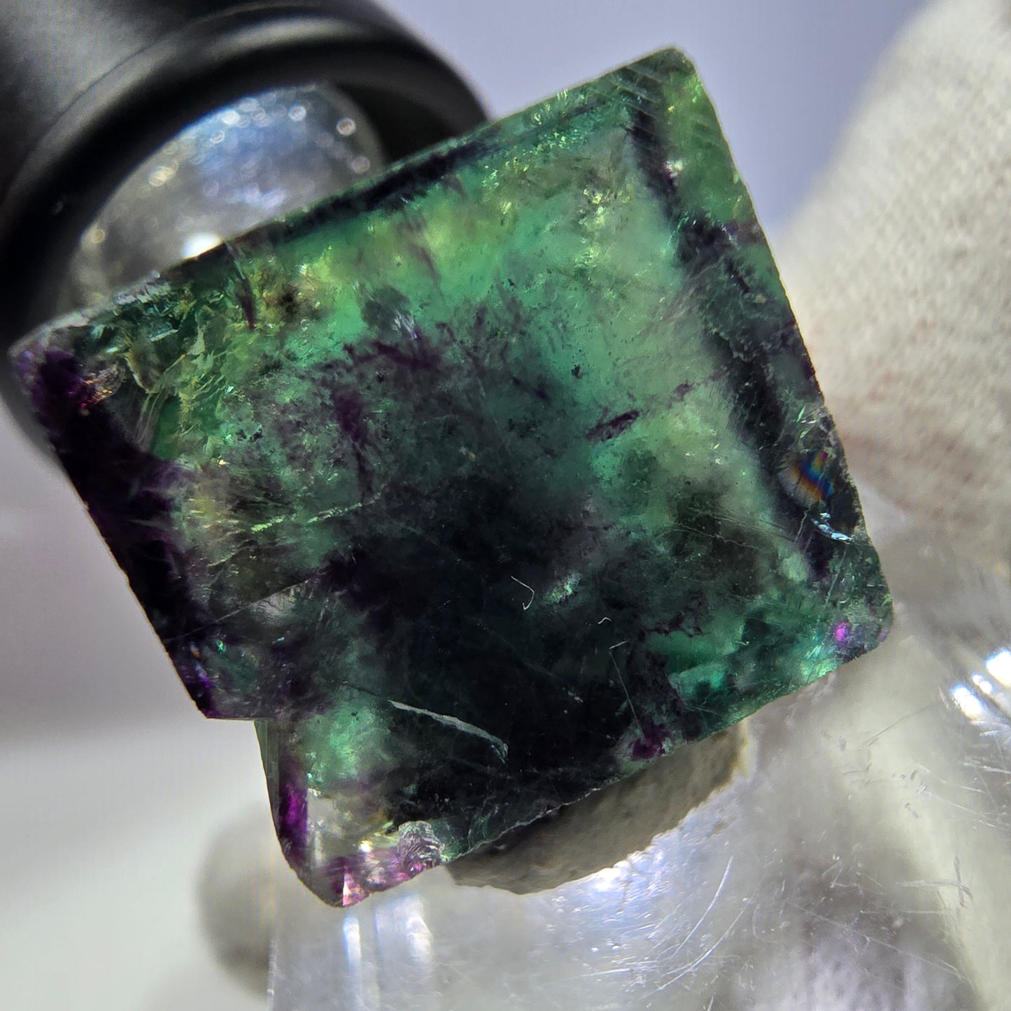 Spécimen rare de cube de fluorite fantôme, vert zonal et violet, Okorusu, Namibie, 24 x 23 x 11 mm 