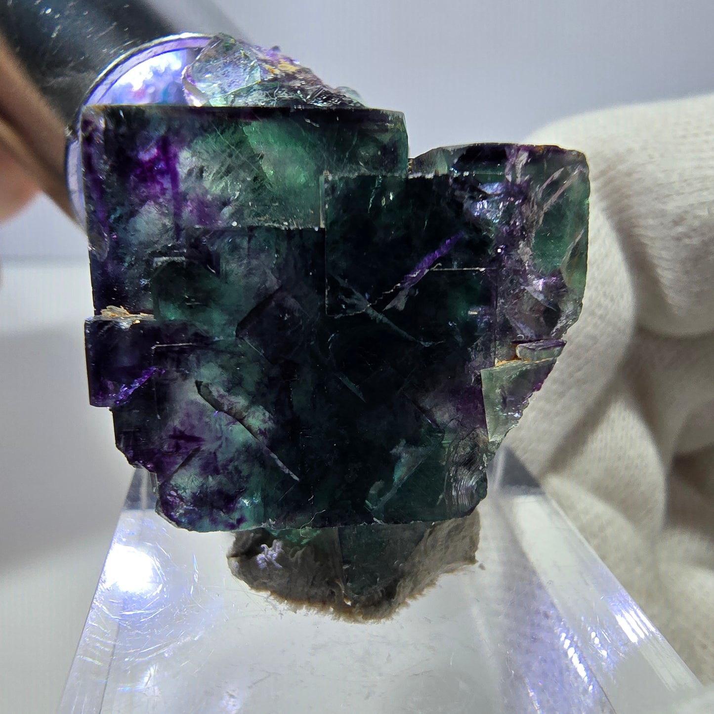Spécimen zonal de cube de fluorite fantôme, vert violet, Okorusu, Namibie, 34 x 24 x 20 mm 