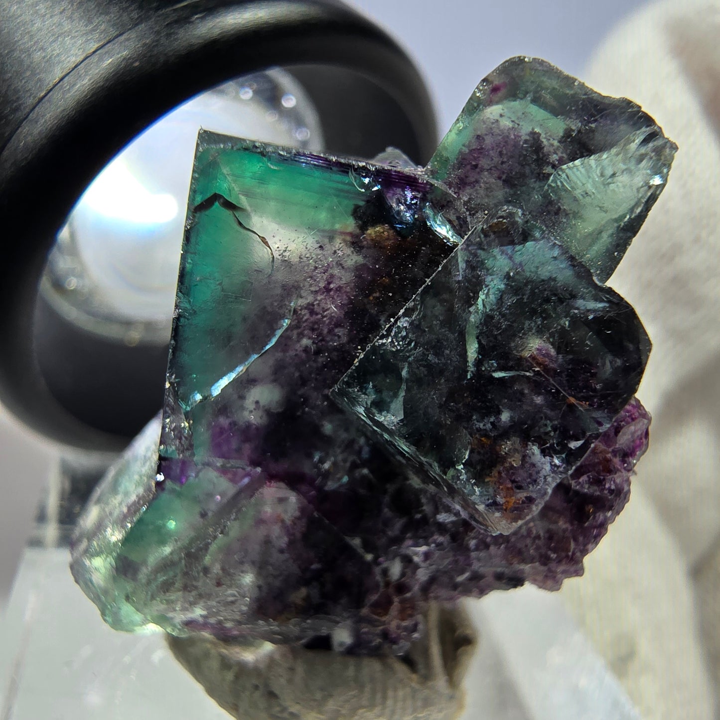 Spécimen rare de cube de fluorite fantôme, vert zonal et violet, Okorusu, Namibie, 27 x 23 x 20 mm 