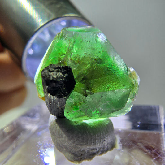 Cube hexagonal de fluorite fantôme, muscovite, tourmaline Schörl, Erongo, Namibie 14 x 13 x 12 mm