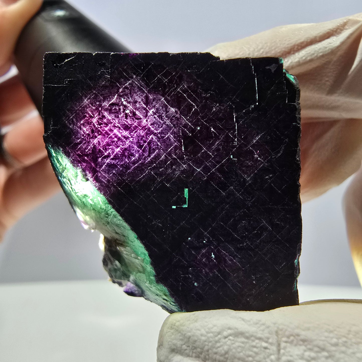 Spécimen de cube de fluorite fantôme vert violet zonal 11:11 Angel Pocket, Namibie 33*32*31mm 