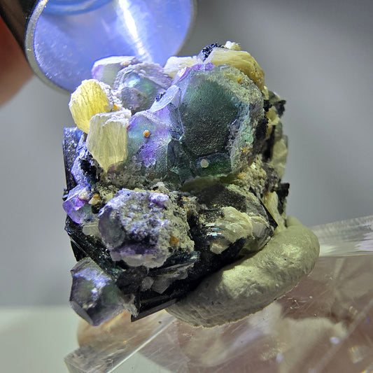 Cube hexagonal de fluorite fantôme, muscovite, tourmaline Schörl, Erongo, Namibie 28 x 25 x 18 mm 