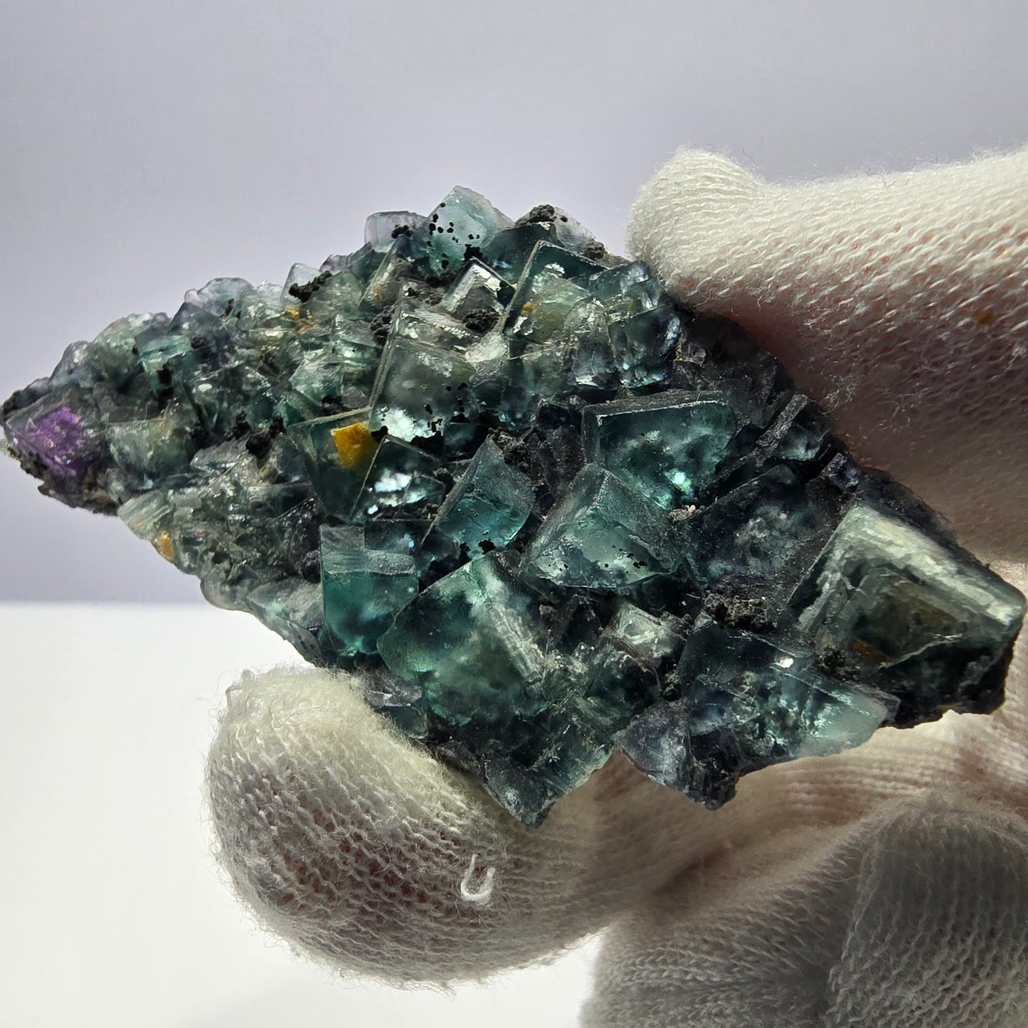 Cubes rares de fluorite fantôme zonale, vert violet, Erongo, Namibie 74 x 41 x 9 mm 