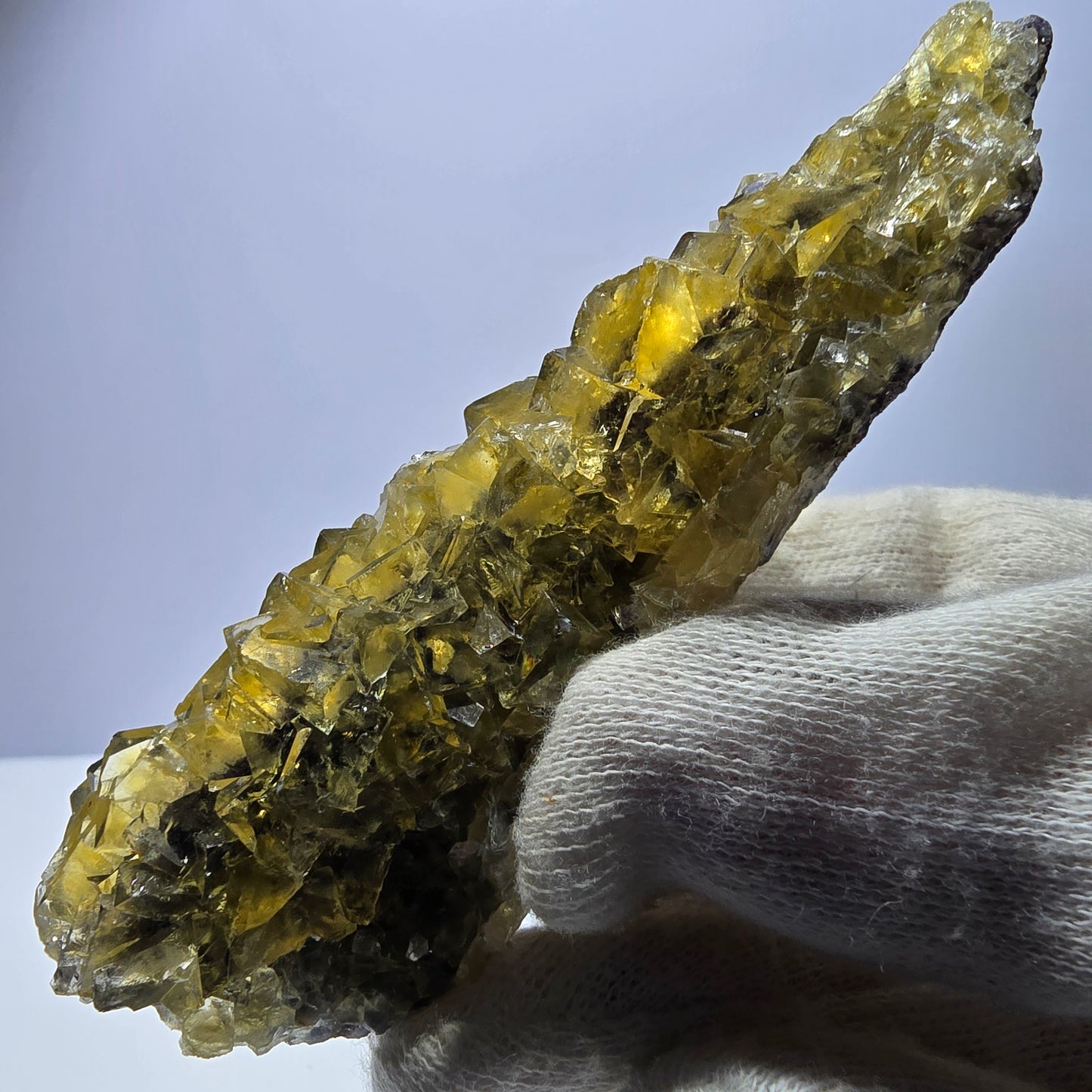 Grand spécimen de cube de fluorite fantôme, poche jaune miel, Okorusu, Namibie, 101 x 30 x 34 mm 