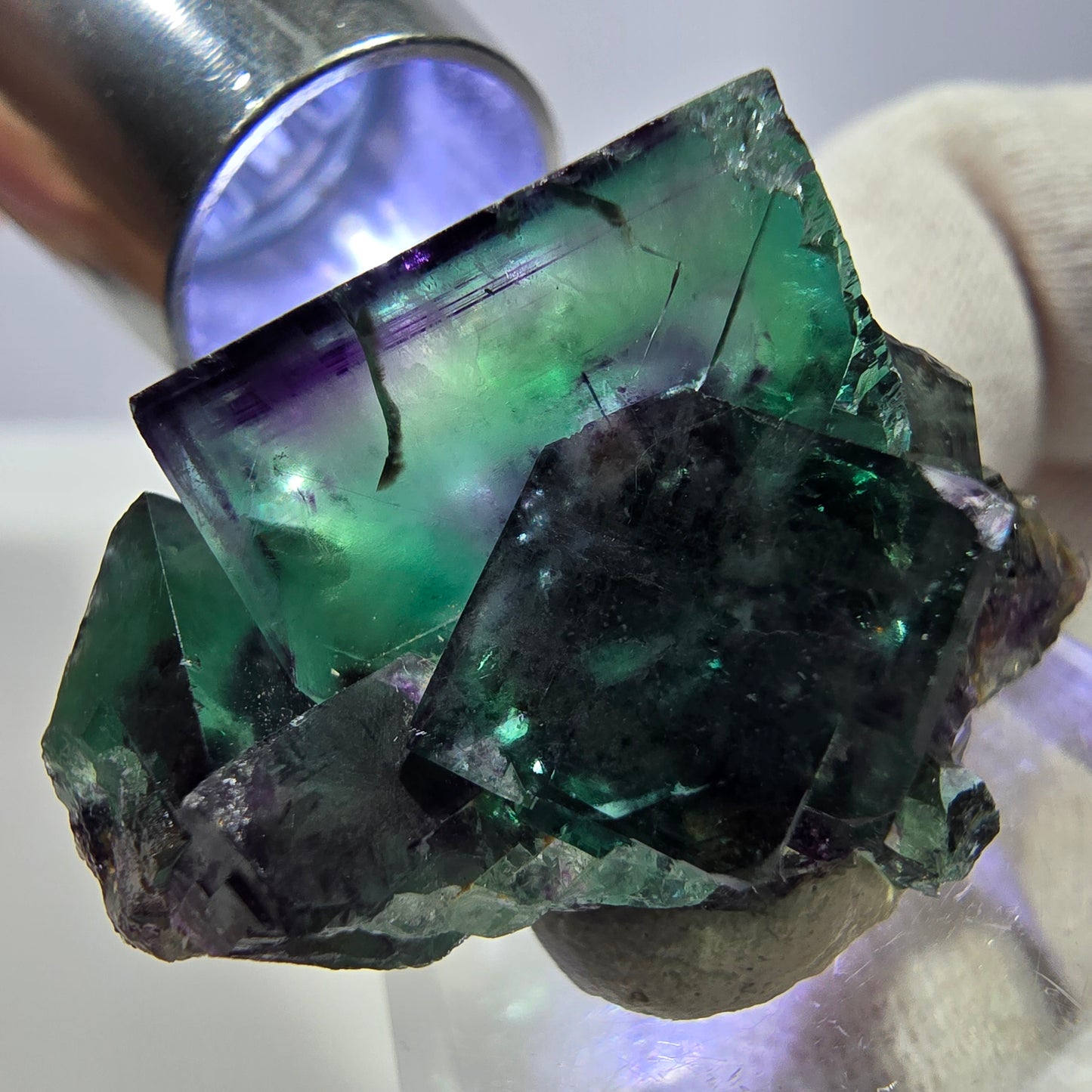 Spécimen zonal de cube de fluorite fantôme, vert violet, Okorusu, Namibie, 36 x 27 x 23 mm 