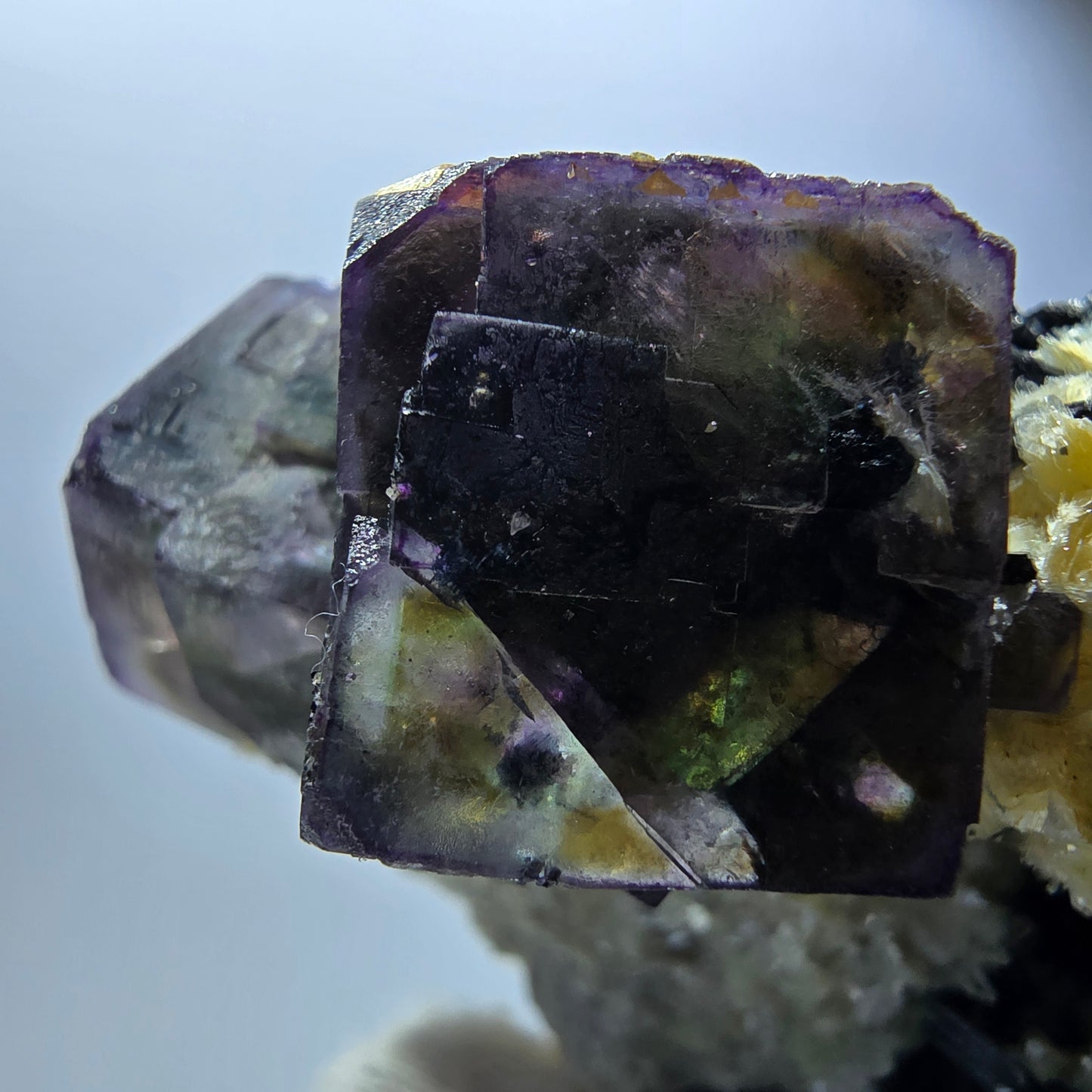 Fluorite fantôme colorée, tourmaline schol, hyalite, quartz fumé, muscovite, Erongo, Namibie, 78 x 70 x 48 mm 
