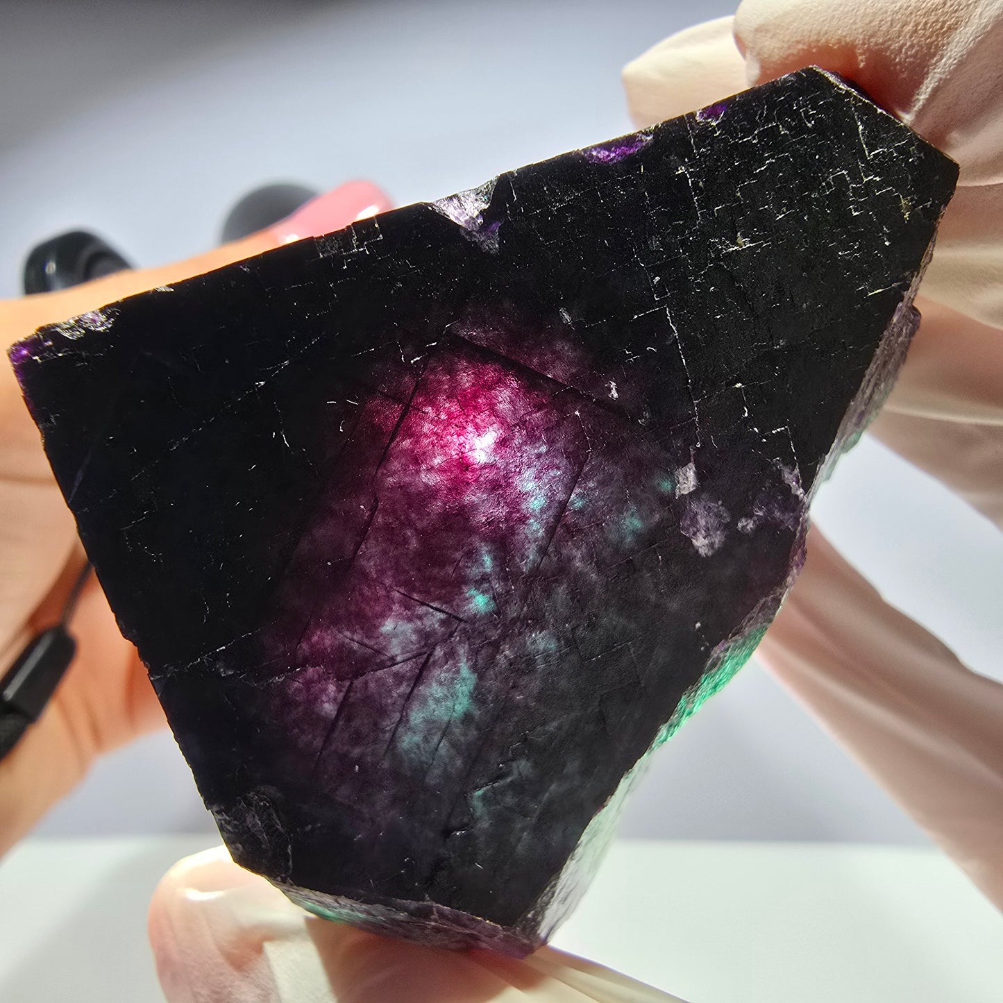 Cube de fluorite fantôme XL parqueté vert violet Okorusu, Namibie 54*54*47mm 