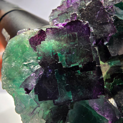 Grand spécimen de cube de fluorite fantôme vert violet zonal 11:11 Angel Pocket, Namibie 80*73*30mm 