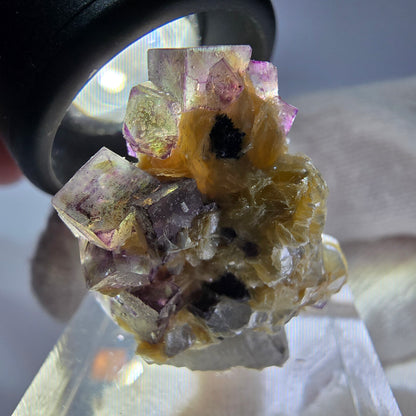 Spécimen de fluorite fantôme colorée, tourmaline scholle, muscovite, Erongo, Namibie, 31 x 21 x 21 mm 