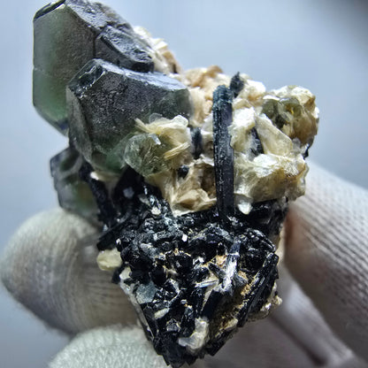 Phantom fluorite hexagonal, Schörl tourmaline, muscovite Erongo, Namibia 48*46*35mm 