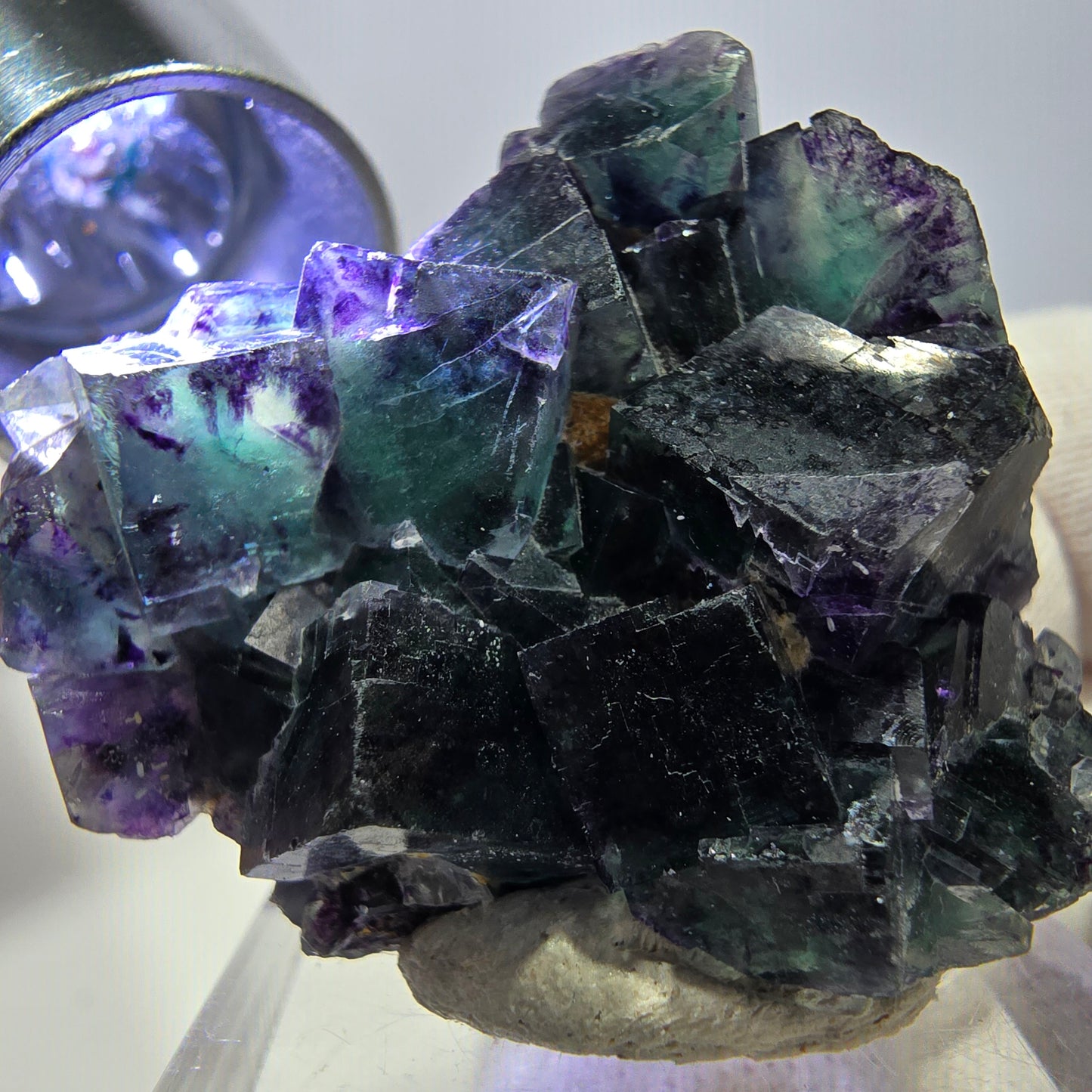 Spécimen zonal de cube de fluorite fantôme, vert violet, Okorusu, Namibie, 41 x 31 x 15 mm 