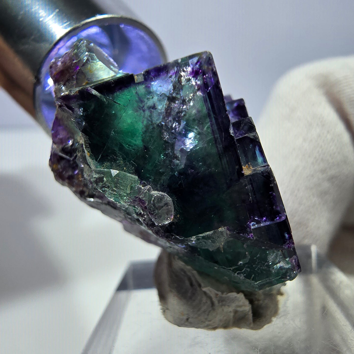 Spécimen zonal de cube de fluorite fantôme, vert violet, Okorusu, Namibie, 34 x 24 x 20 mm 