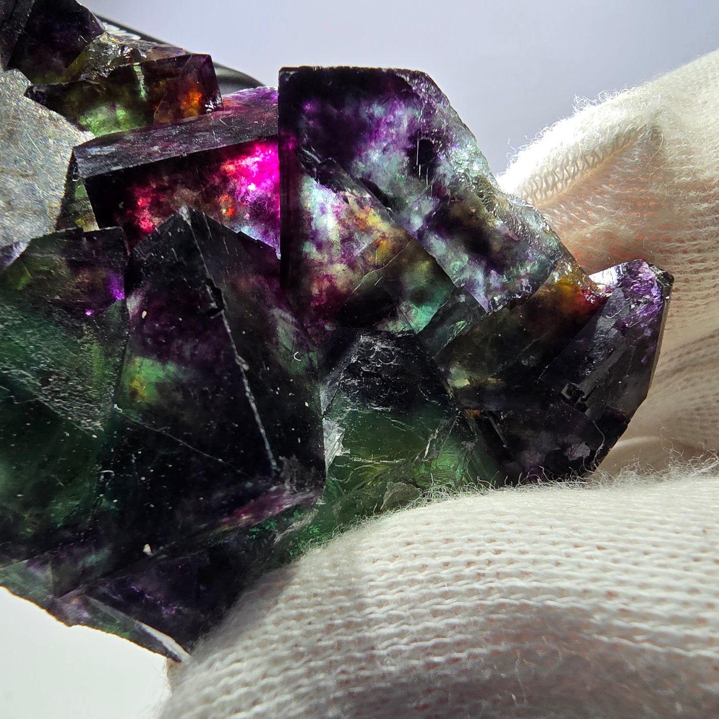 Spécimen de cube de fluorite fantôme transparent, parqueté, zonal, Okorusu, Namibie, 76 x 46 x 28 mm 