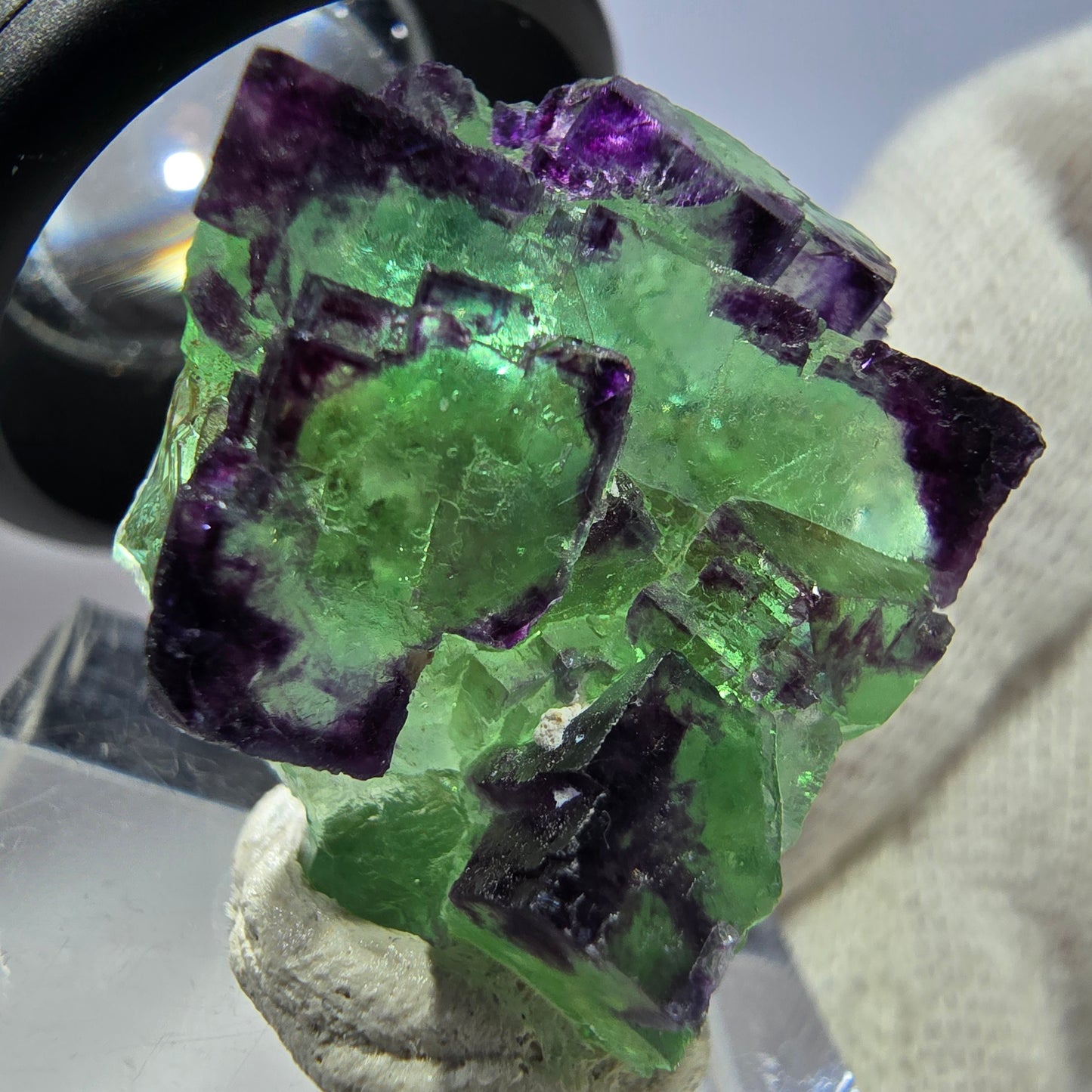 Spécimen rare de cube de fluorite fantôme zonal vert violet Okorusu, Namibie 29*25*16mm 