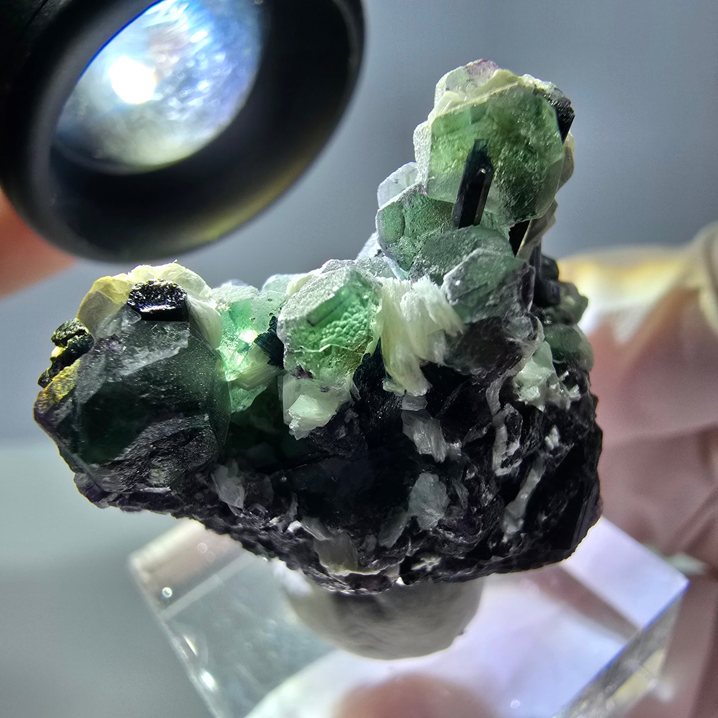 Cube de fluorite fantôme, zonal, muscovite, spécimen de tourmaline Schorl, Erongo, Namibie, 36 x 31 x 22 mm 