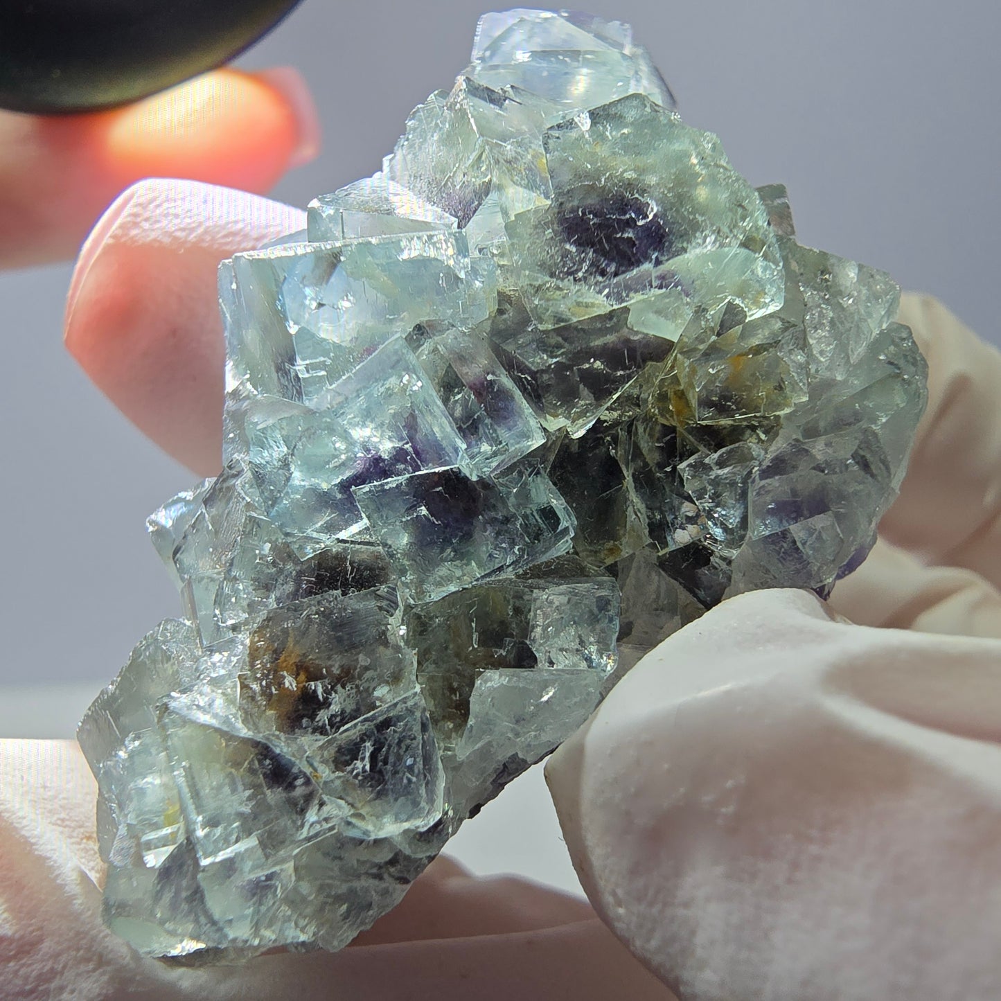 Spécimen de cube de fluorite fantôme transparente, vert-violet, Okorusu, Namibie, 45 x 35 x 19 mm 