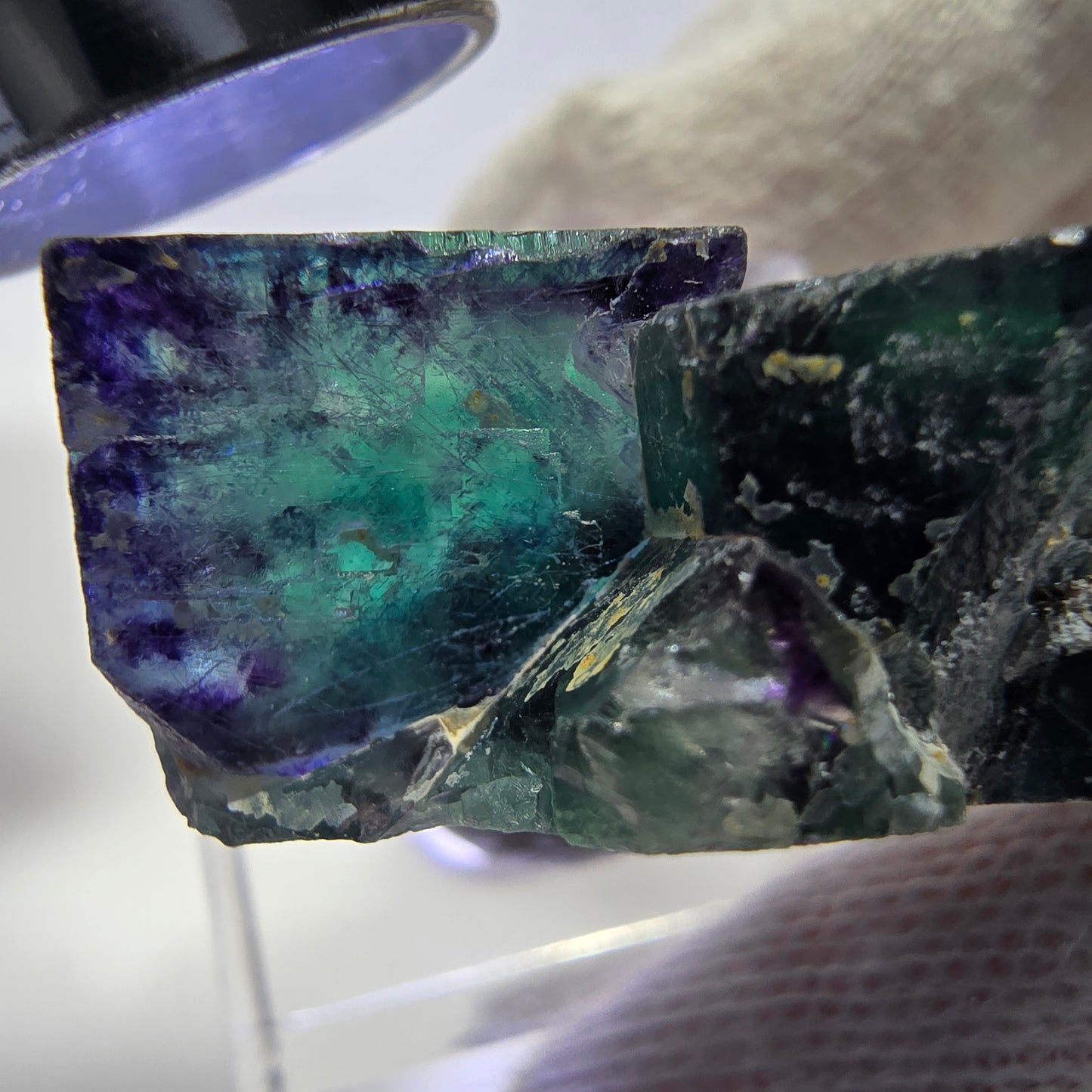 Rare spécimen de cube de fluorite fantôme, vert-violet zonal, Okorusu, Namibie, 39 x 24 x 16 mm 
