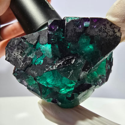 Spécimen de cube de fluorite fantôme vert violet zonal 11:11 Angel Pocket, Namibie 69*53*40mm 