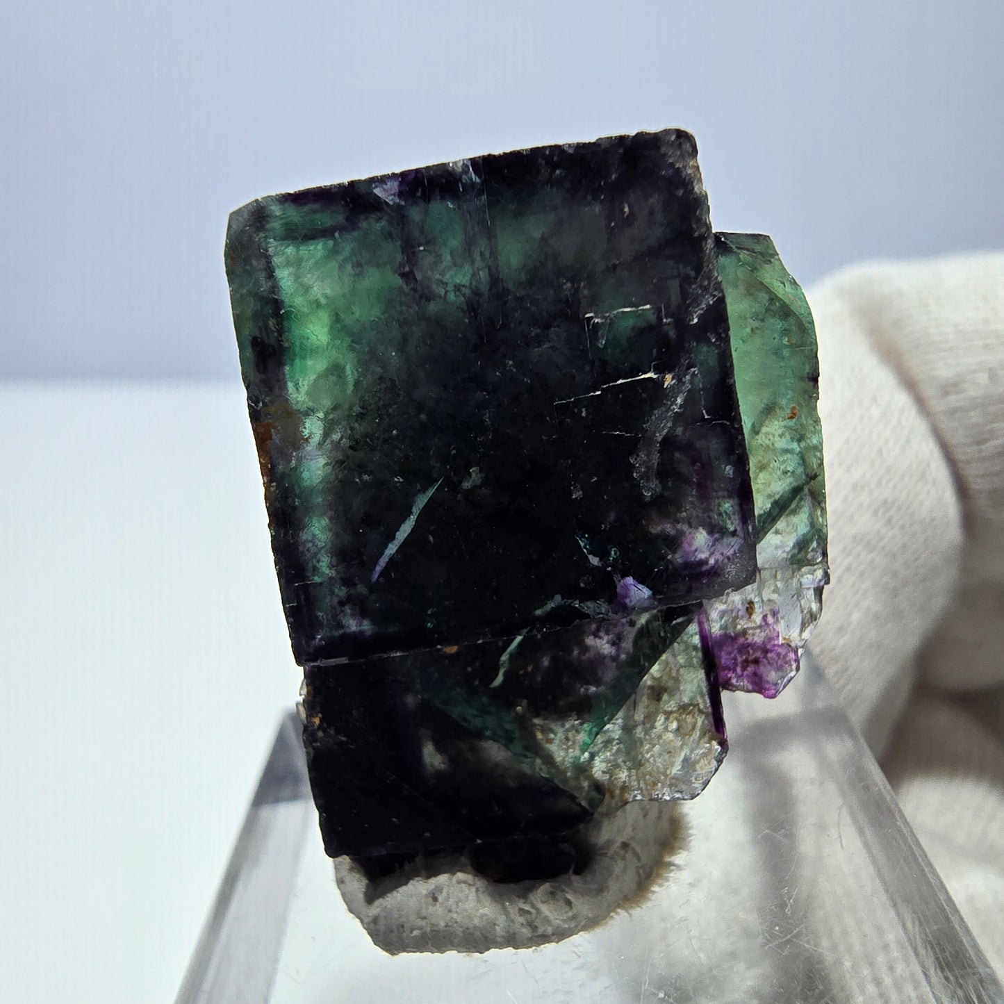 Spécimen zonal de cube de fluorite fantôme, vert violet, Okorusu, Namibie, 30 x 26 x 17 mm 