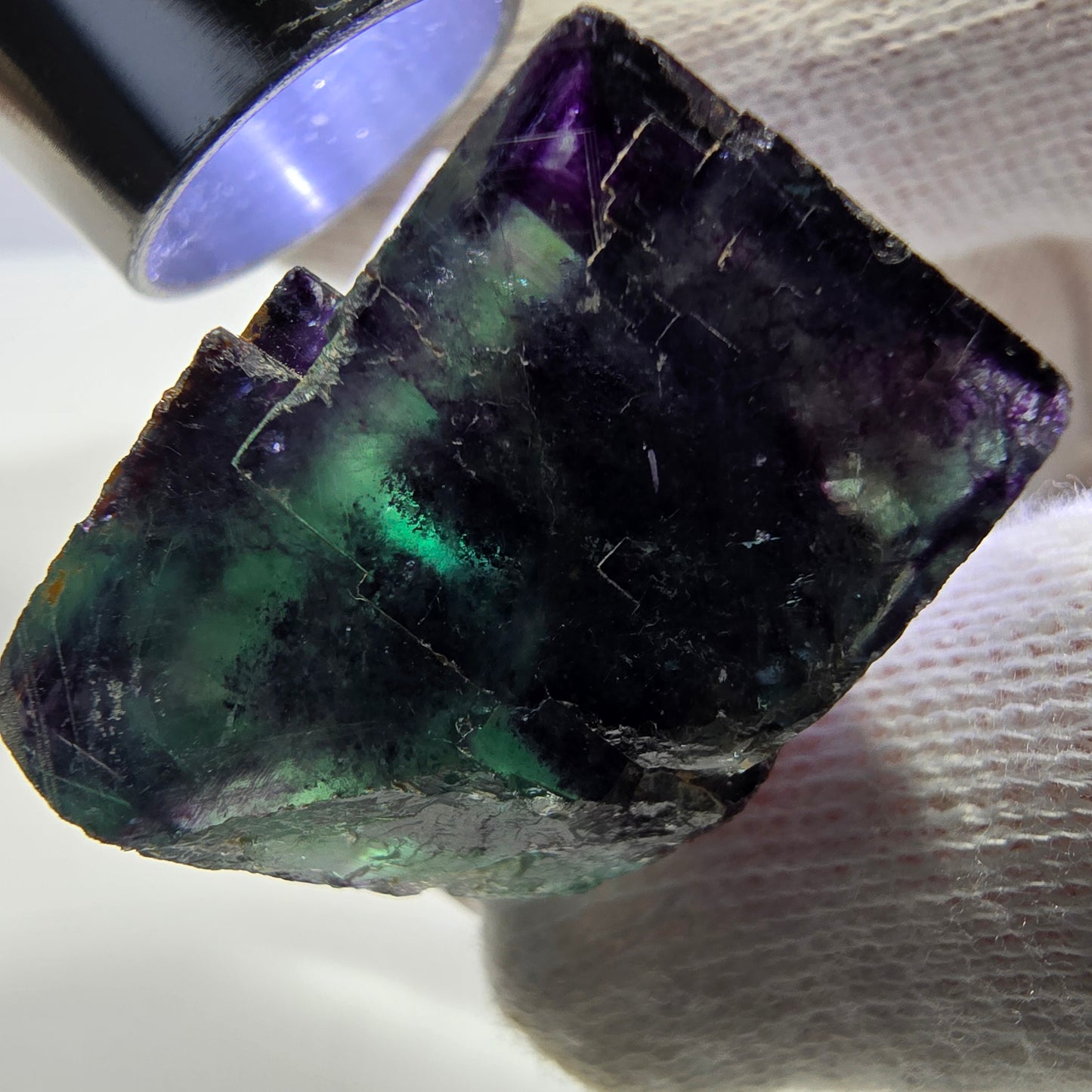 Spécimen rare de cube de fluorite fantôme, vert-violet zonal, Okorusu, Namibie, 33 x 27 x 21 mm 