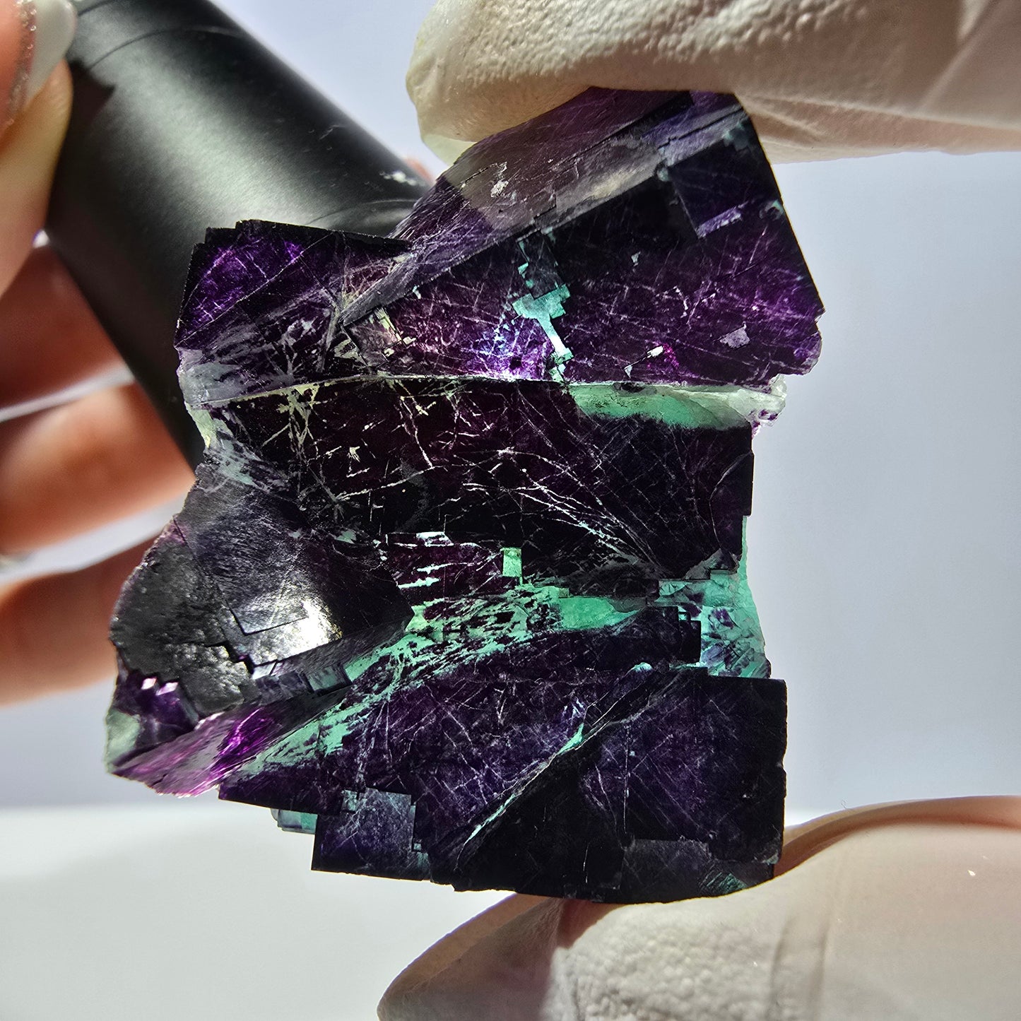 Spécimen de cube de fluorite fantôme vert violet zonal 11:11 Angel Pocket, Namibie 44*32*25mm 