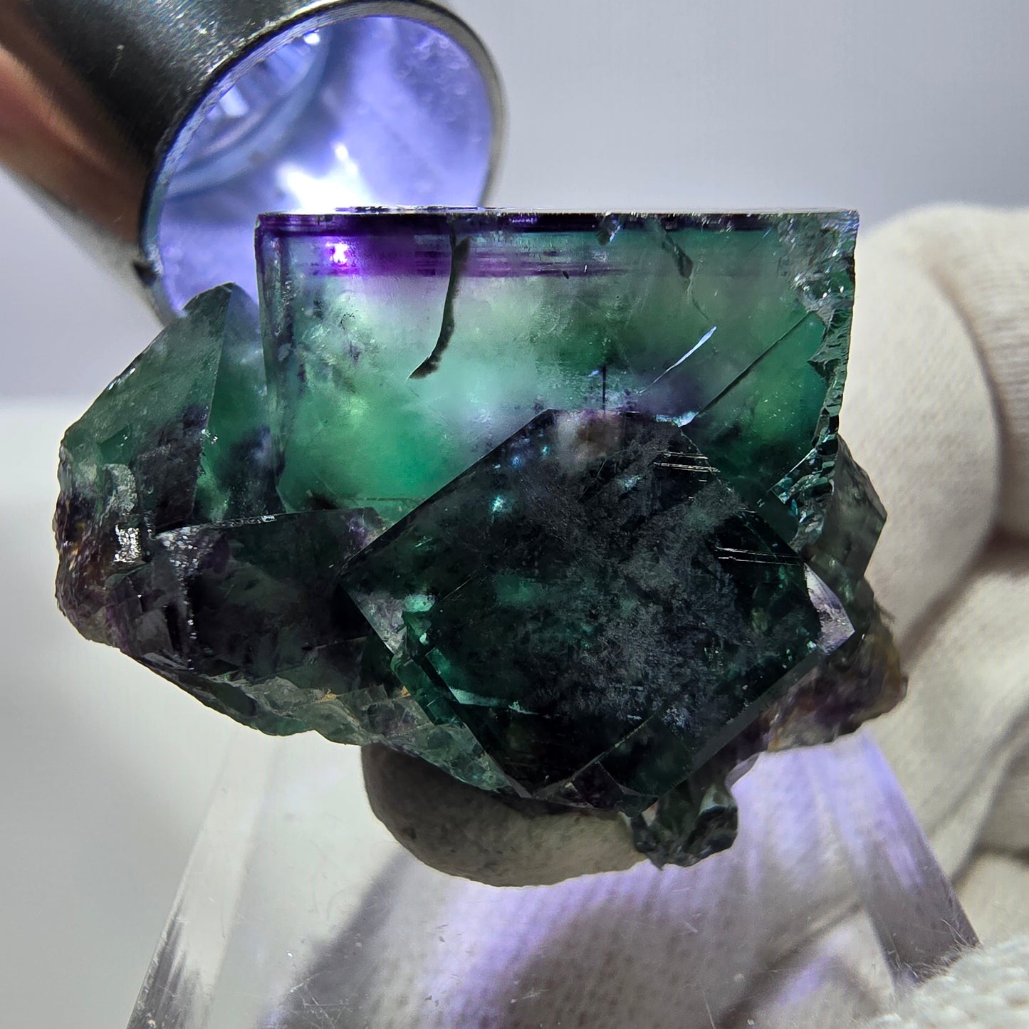 Spécimen zonal de cube de fluorite fantôme, vert violet, Okorusu, Namibie, 36 x 27 x 23 mm 