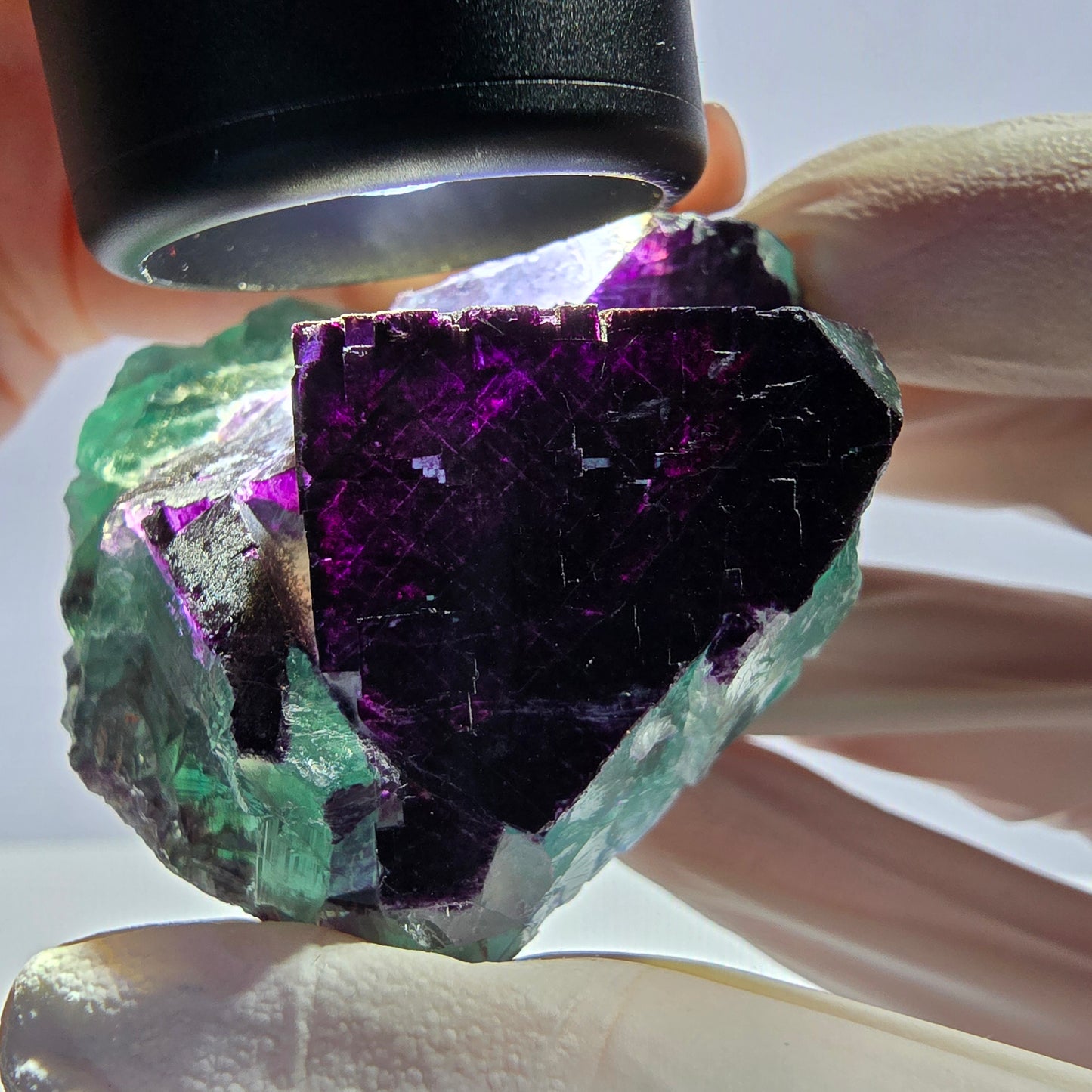 Spécimen de cube de fluorite fantôme vert violet zonal 11:11 Angel Pocket, Namibie 57*48*28mm 