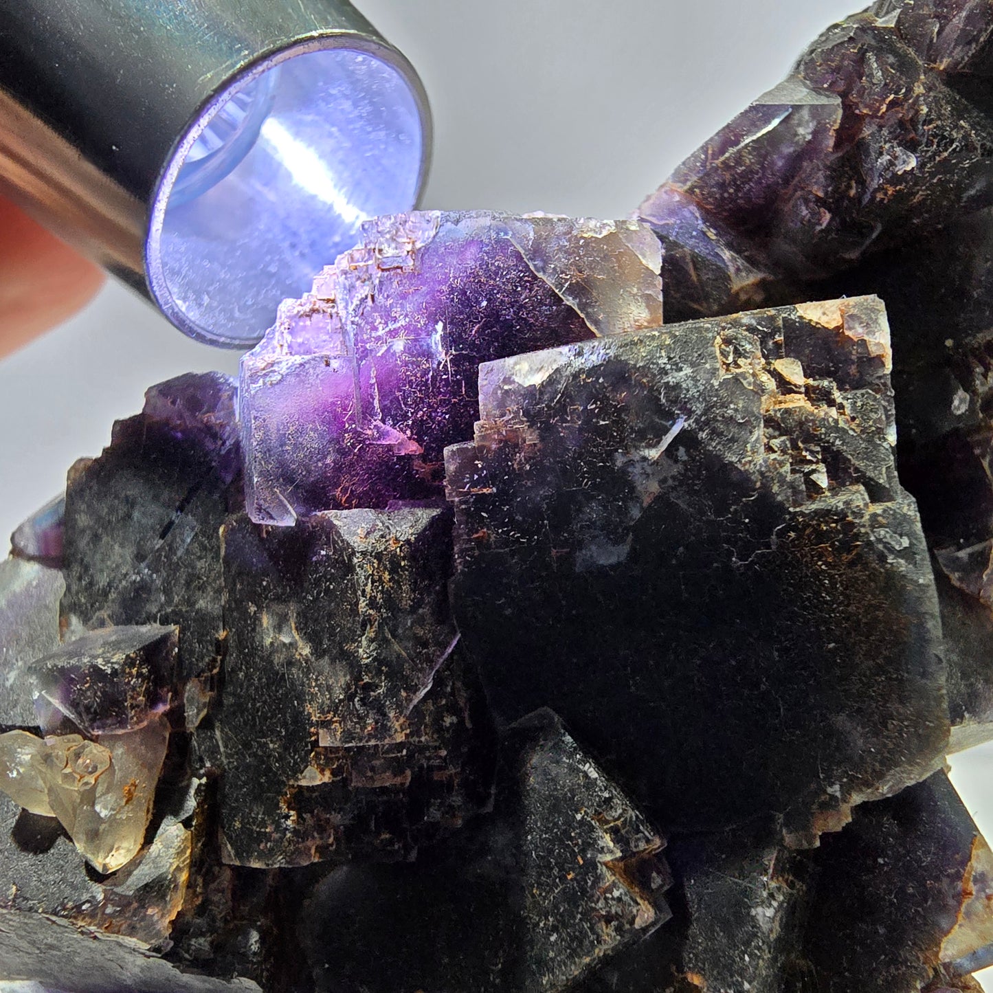 Spécimen de cube de fluorite fantôme, violet, rouge et bleu, Okorusu, Namibie, 91 x 58 x 22 mm 