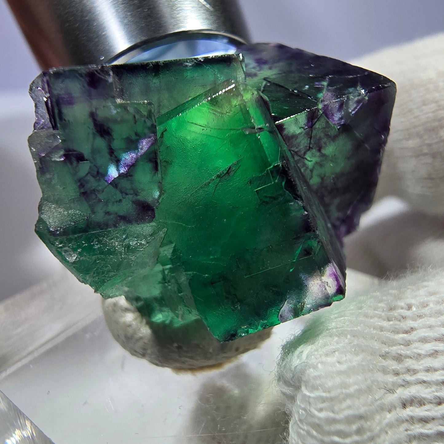 Spécimen rare de cube de fluorite fantôme, vert-violet zonal, Okorusu, Namibie, 32 x 20 x 17 mm 