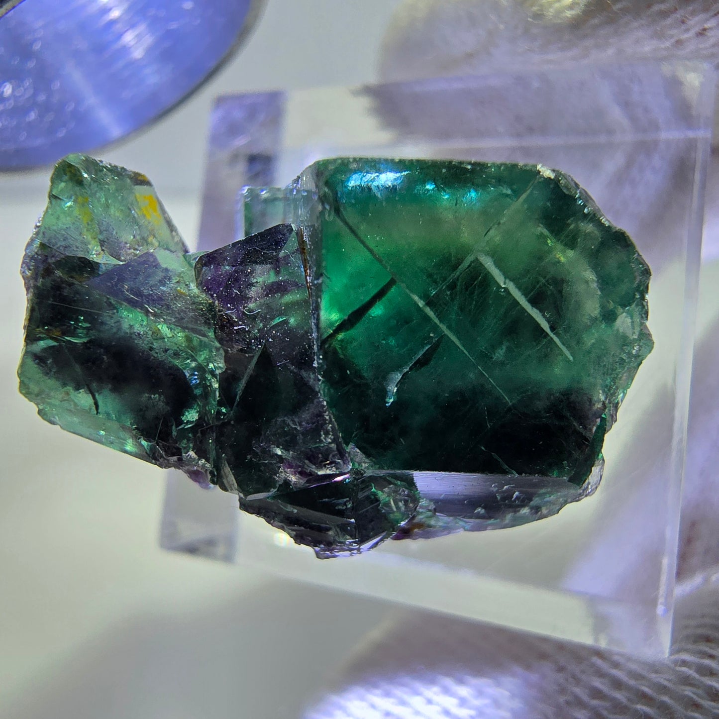Spécimen rare de cube de fluorite fantôme, vert zonal et violet, Okorusu, Namibie, 24 x 16 x 15 mm 