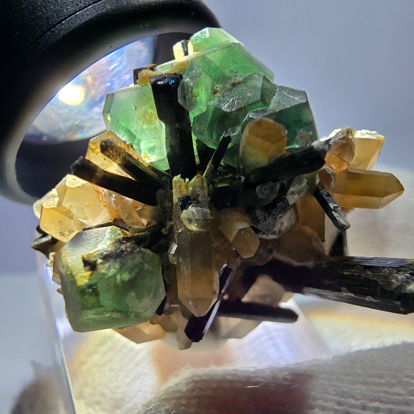 Fluorite fantôme hexagonale, tourmaline Schörl, quartz fumé, hyalite, Erongo, Namibie, 34 x 30 x 31 mm 