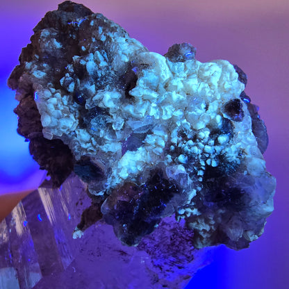 Quartz fumé squelette fantôme lémurien DT, calcite UV Valentine Pocket, Namibie 133 x 46 x 36 mm 