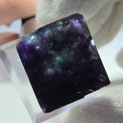 Spécimen de cube de fluorite fantôme transparente, vert-violet zonal, Okorusu, Namibie, 22 x 21 x 15 mm 