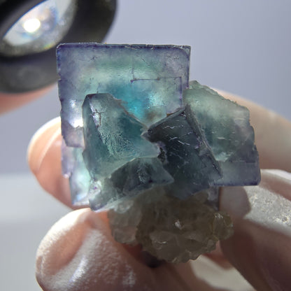 Rare cube de fluorite fantôme, spécimen de quartz vert violet Okorusu Namibie 29*24*20mm 